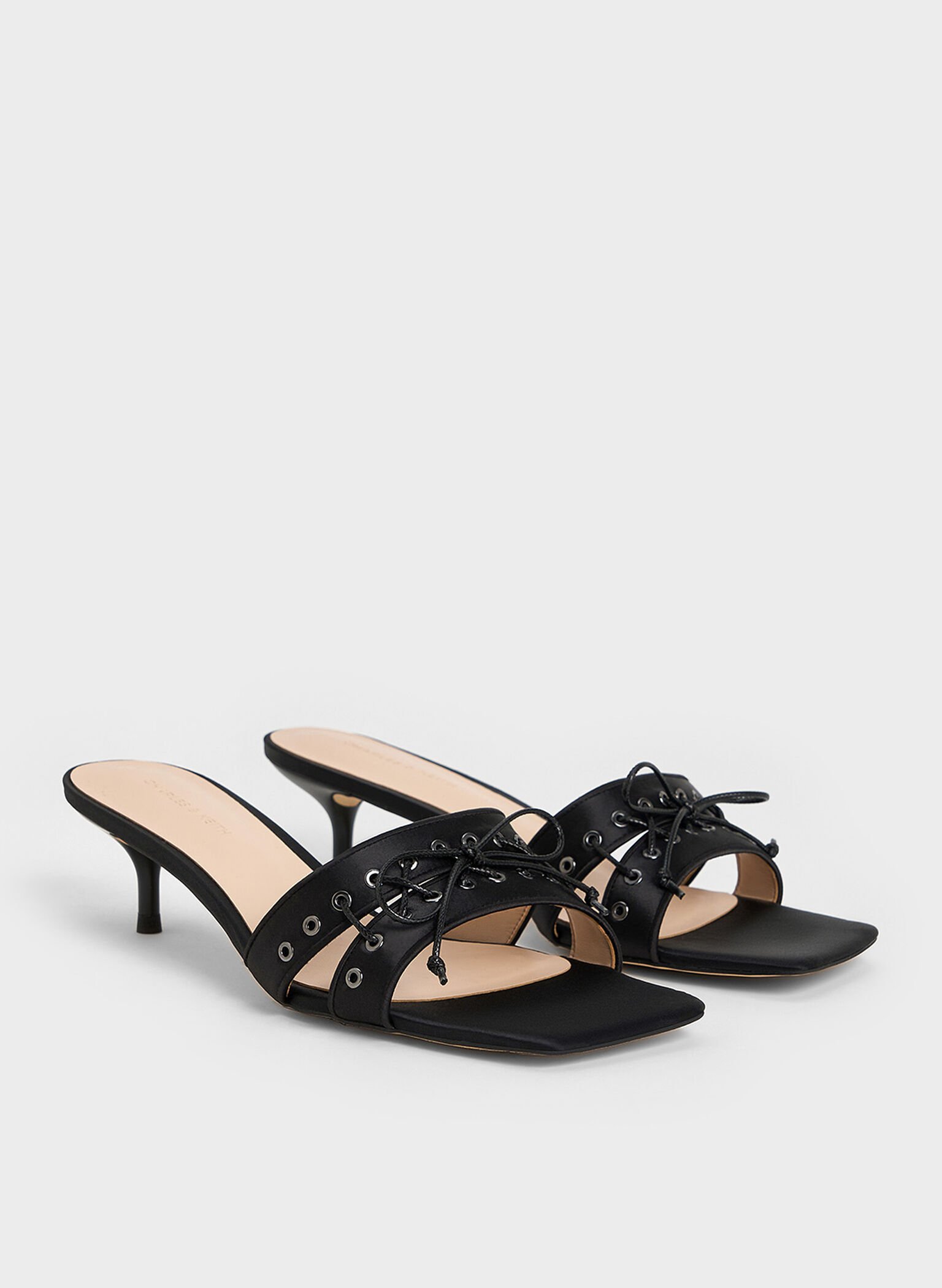 Satin Lace-Up Double-Strap Kitten-Heel Mules, Black Textured, hi-res