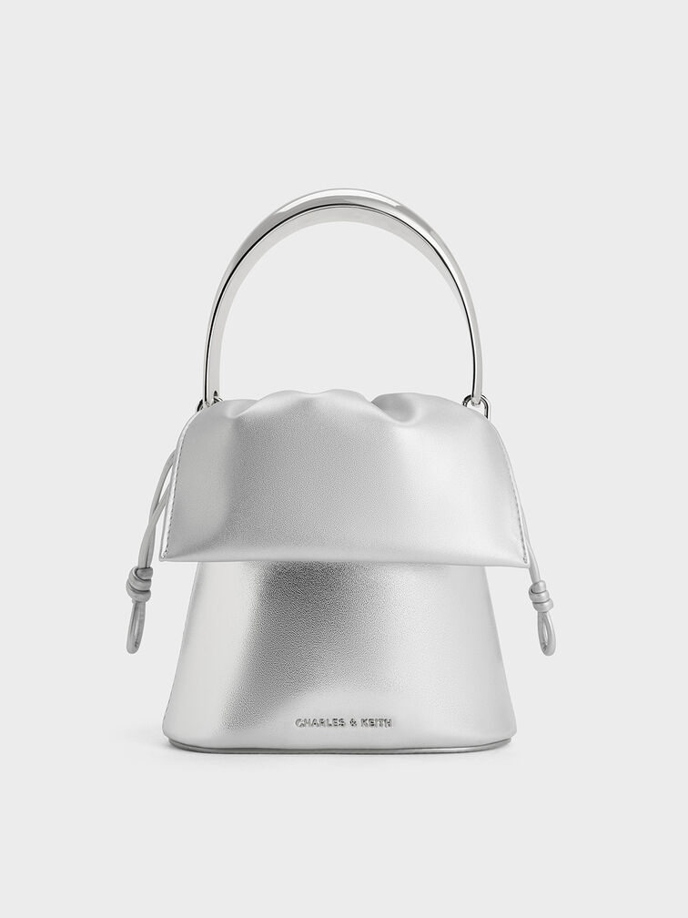 Metallic Ruched-Flap Drawstring Bucket Bag, Silver, hi-res
