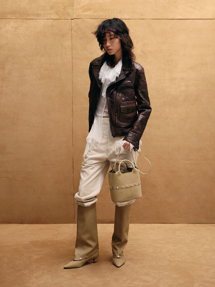 Bobbie Twill Studded Convertible Two-Way Bucket Bag, Toasted Sand, hi-res