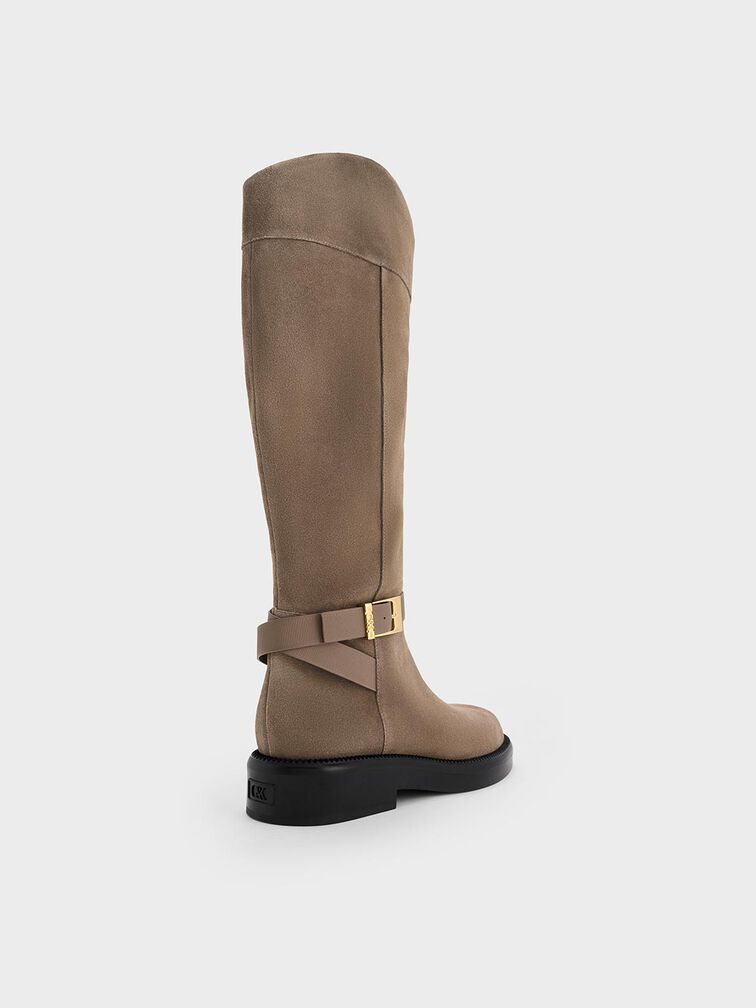 Leather & Suede Buckled-Strap Knee-High Boots, Taupe, hi-res