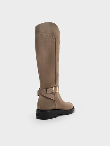 Leather & Suede Buckled-Strap Knee-High Boots, Taupe, hi-res