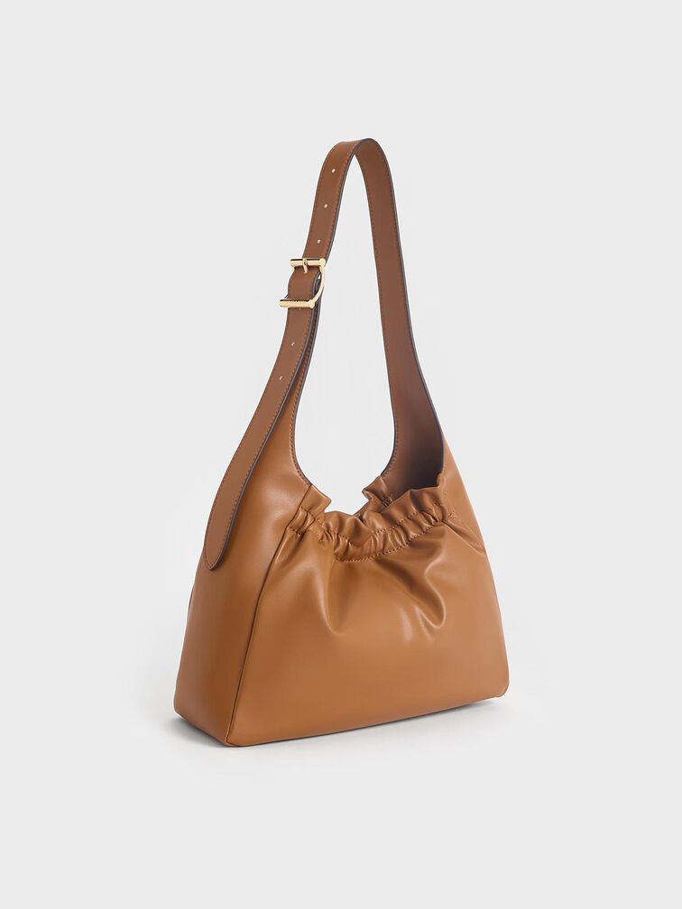 Brigette Ruched Shoulder Bag, Brown, hi-res