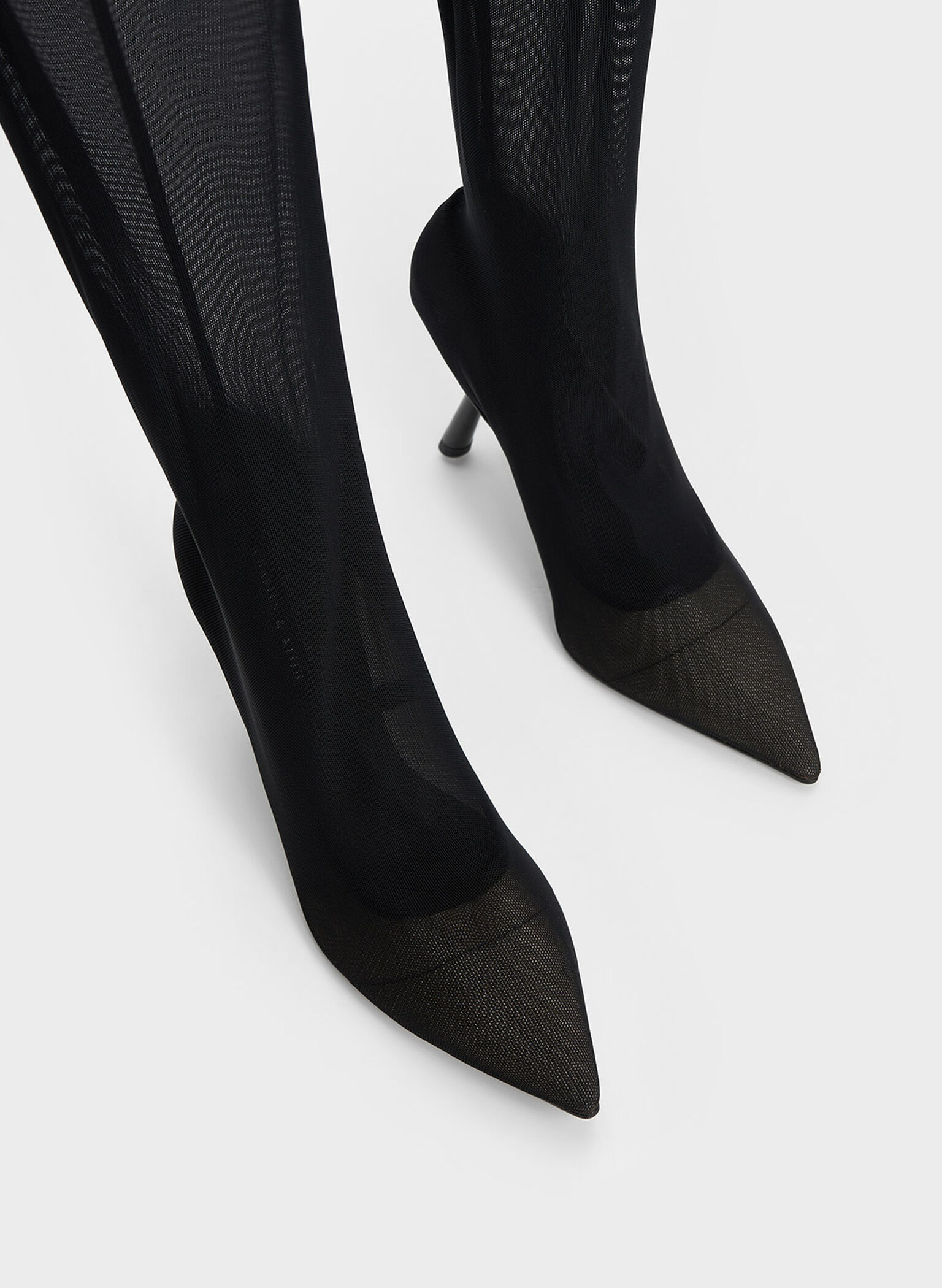 Mesh Slant-Heel Thigh-High Boots, Black Textured, hi-res