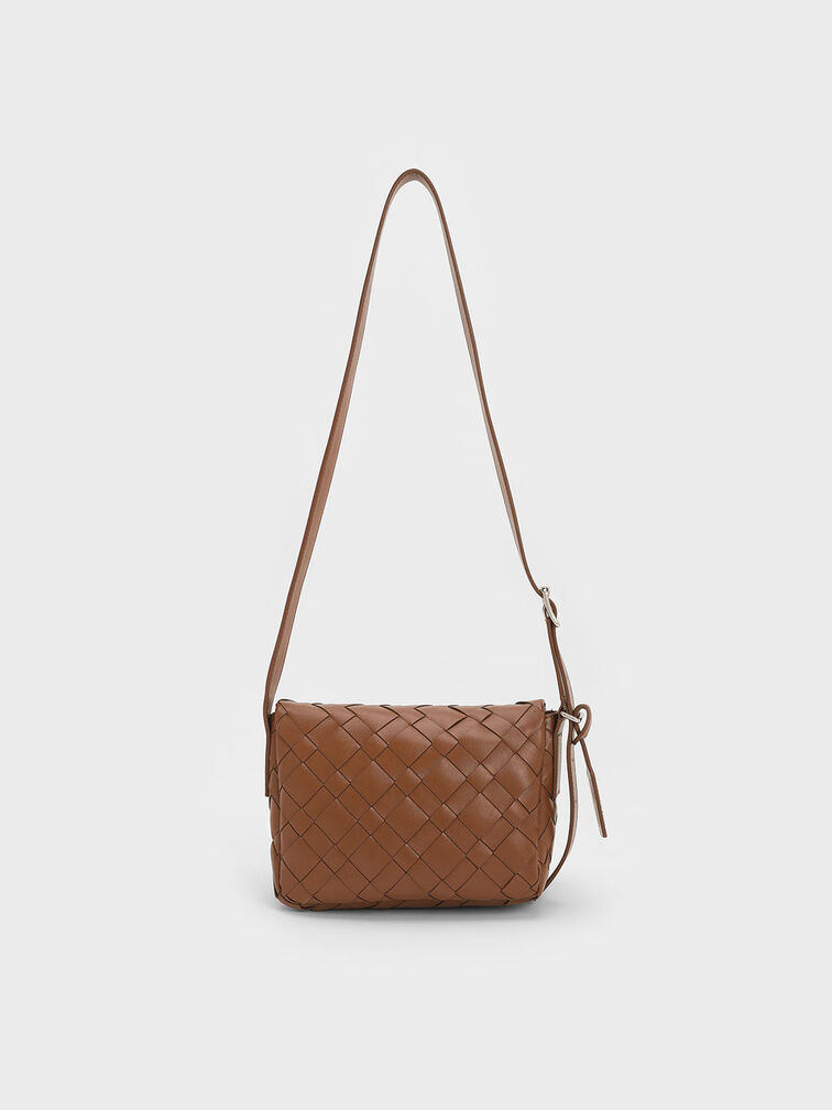 Ivette Woven Front Flap Crossbody Bag, Chocolate, hi-res