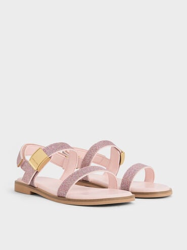 Girls' Yvette Glittered Double Strap Sandals, Pink, hi-res