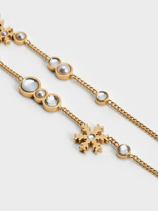 Snowflake-Motif Pearl & Crystal Double Bracelet, Gold, hi-res
