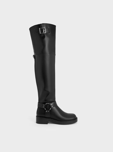 Davina Buckled Thigh-High Boots, Black, hi-res