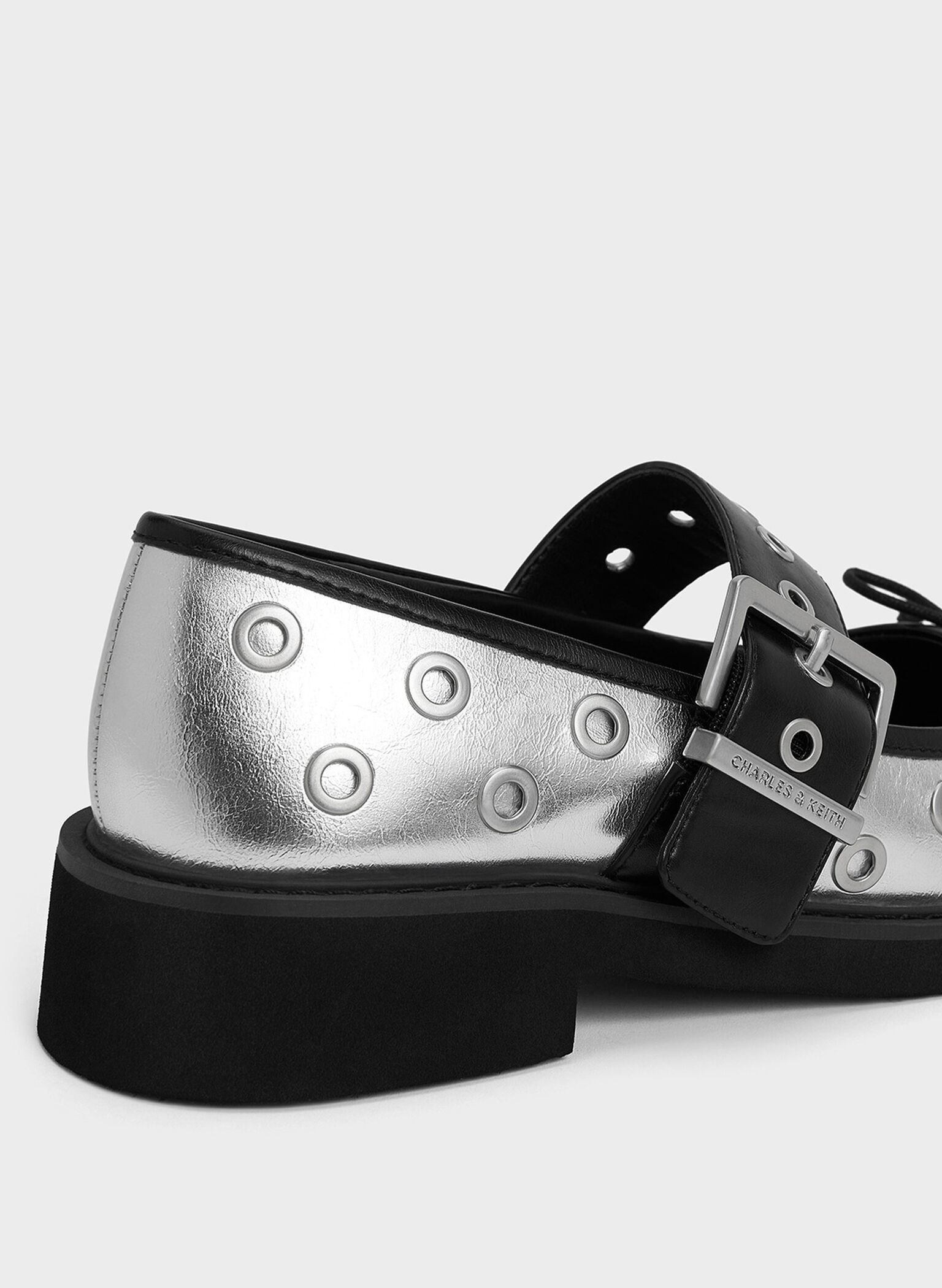 Metallic Grommet Buckled Mary Janes, Silver, hi-res