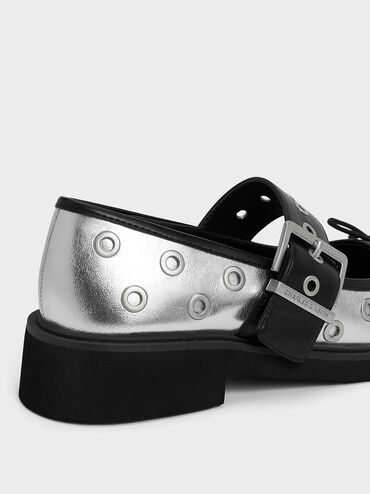 Metallic Grommet Buckled Mary Janes, Silver, hi-res