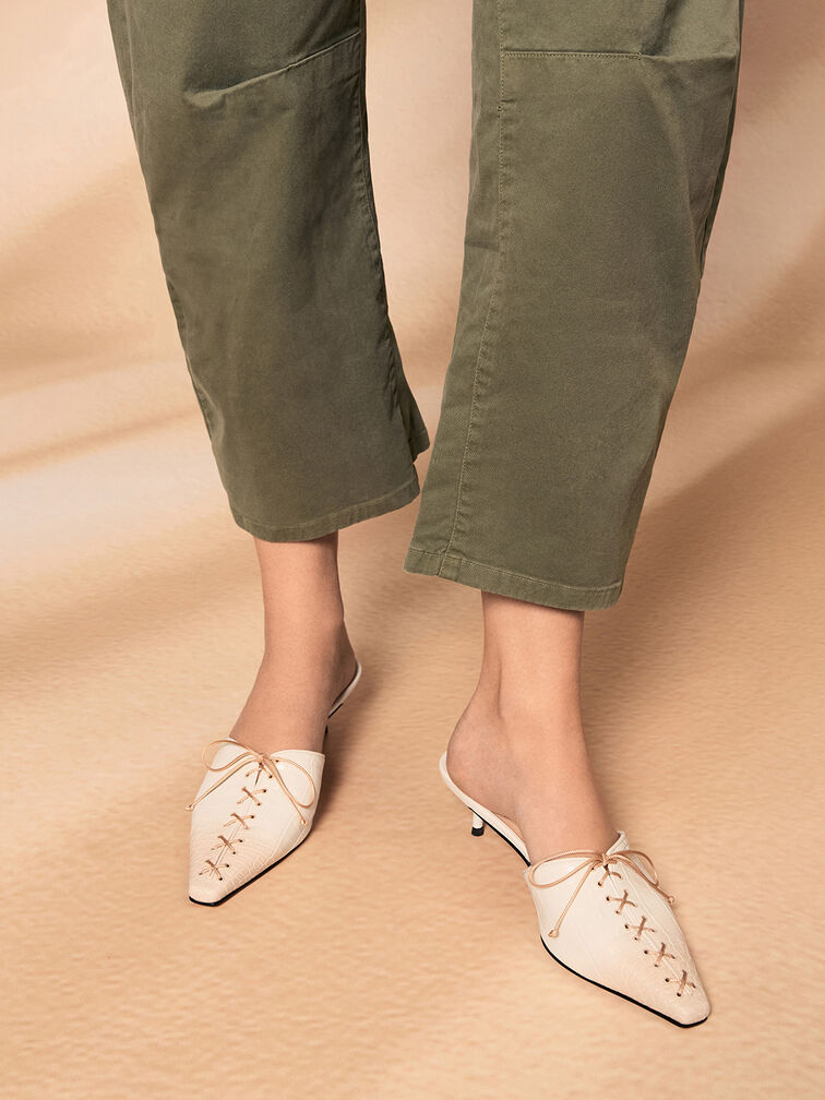 Croc-Effect Lace-Up Pointed-Toe Kitten-Heel Mules, Animal Print Natural, hi-res