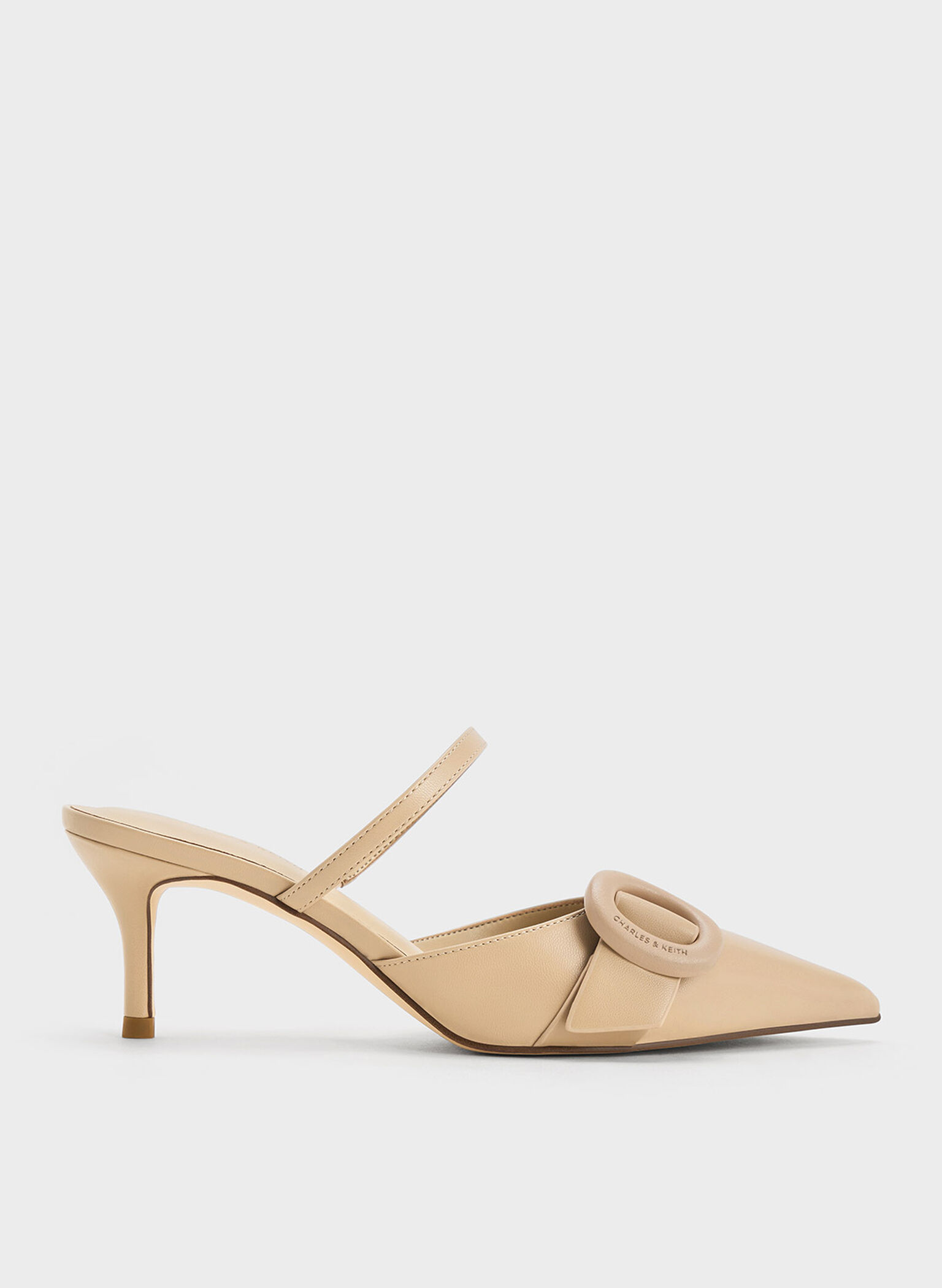 Oval-Buckle Pointed-Toe Mules, Beige, hi-res