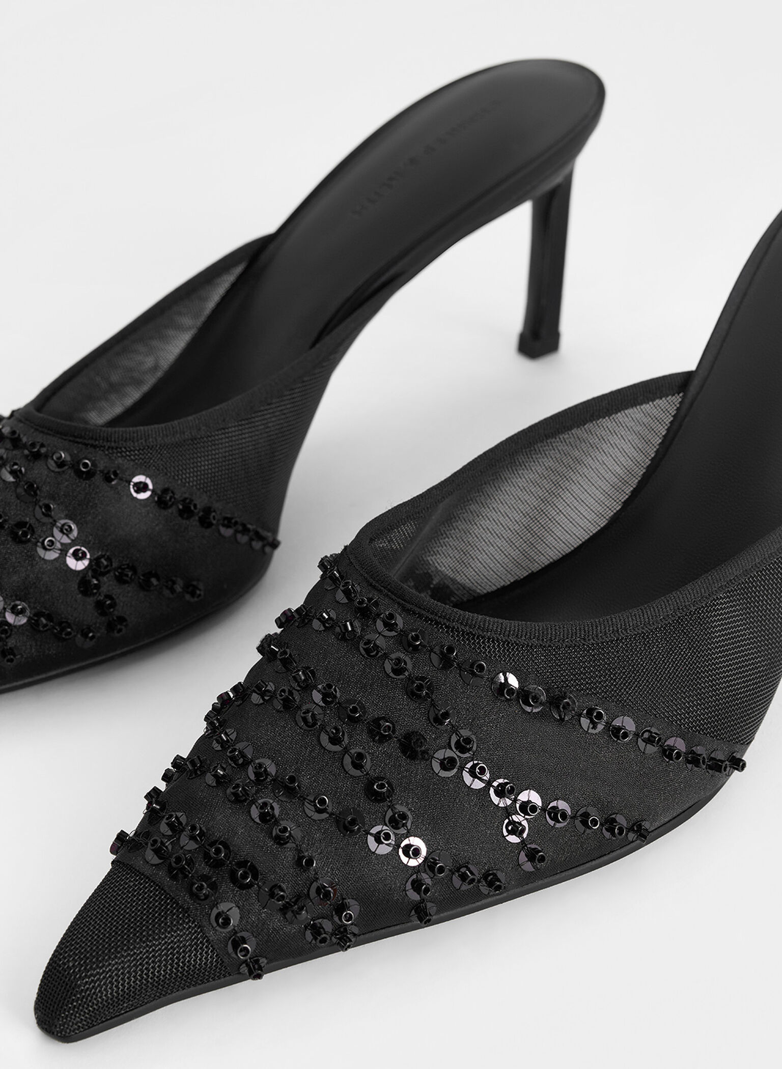 Mesh Sequinned Heeled Mules, Black Textured, hi-res