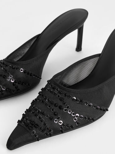 Mesh Sequinned Heeled Mules, Black Textured, hi-res