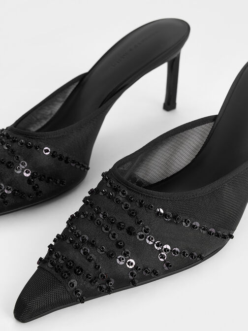 Mesh Sequinned Heeled Mules, Black Textured, hi-res