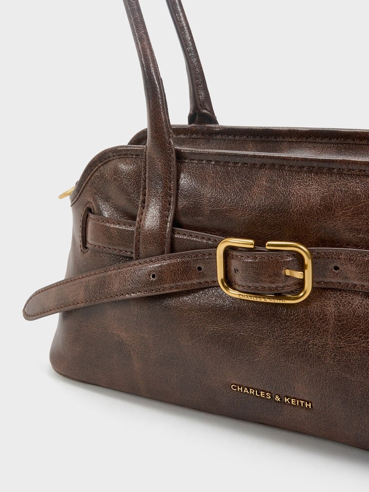 Victoria Belted Elongated Shoulder Bag, Distressed Coffee, hi-res