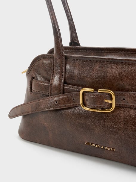 Victoria Belted Elongated Shoulder Bag, Distressed Coffee, hi-res