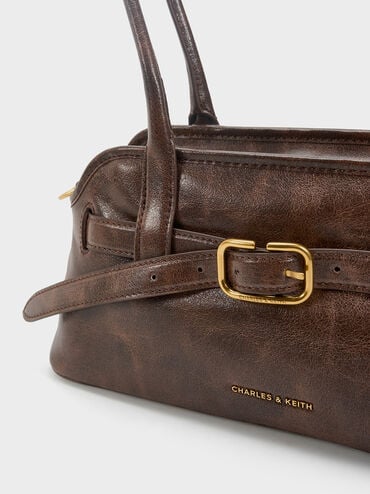 Victoria Belted Elongated Shoulder Bag, Distressed Coffee, hi-res