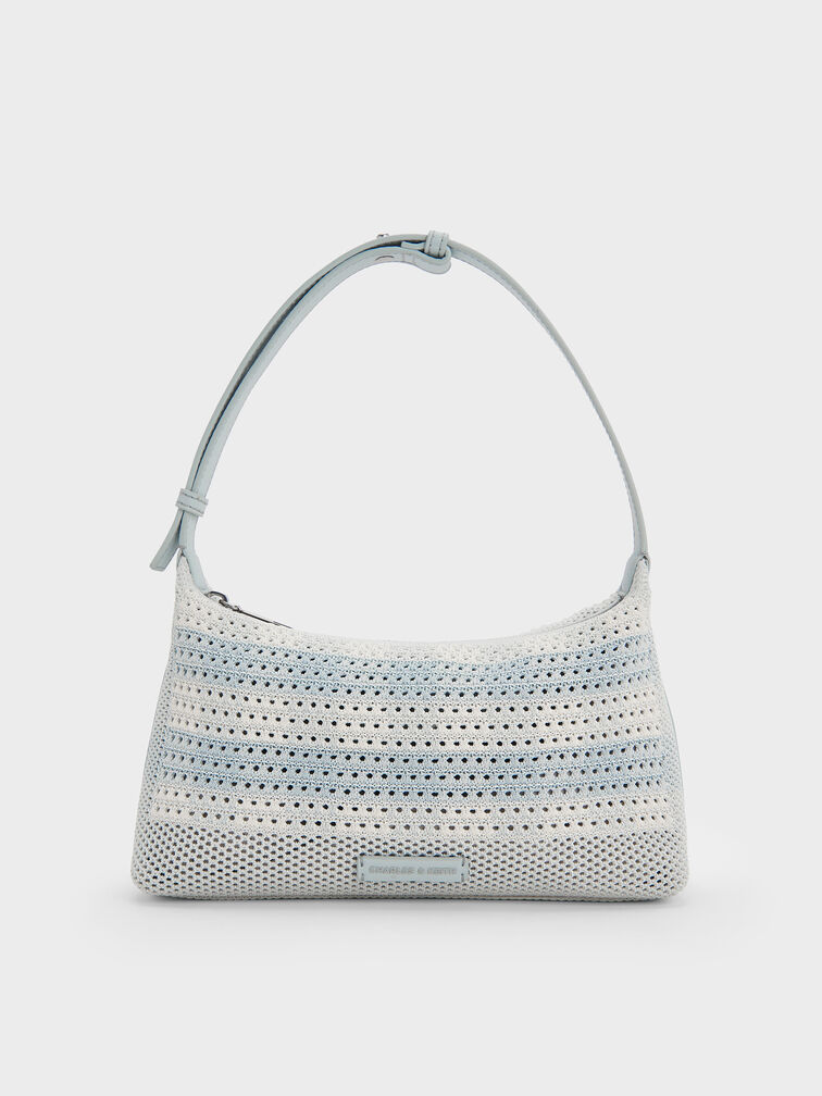 Ida Checkered Knitted Shoulder Bag, Sea Salt Blue, hi-res