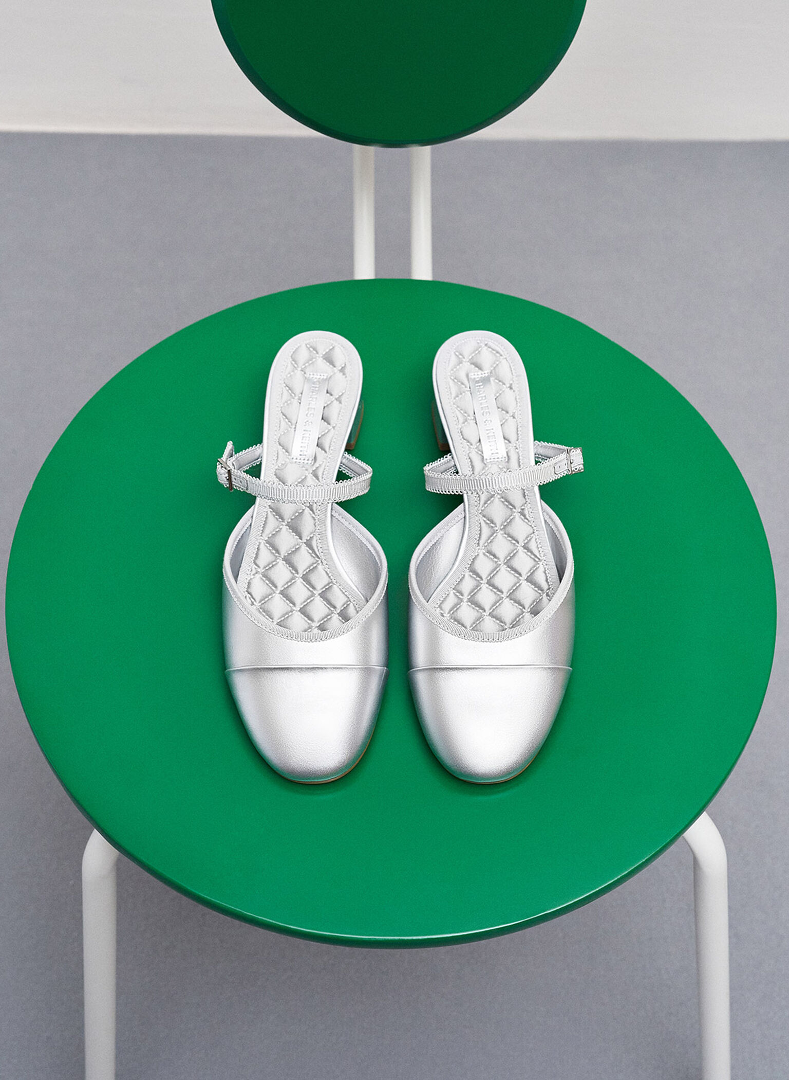Buckled-Strap Trapeze-Heel Mules, Silver, hi-res