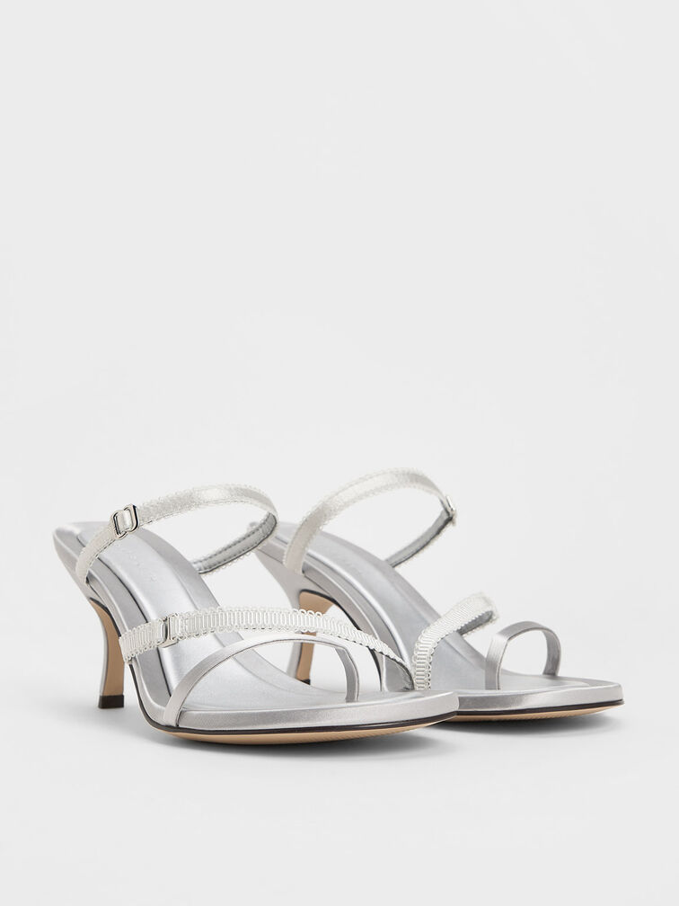 Satin Lace-Strap Thong Sandals, Silver, hi-res