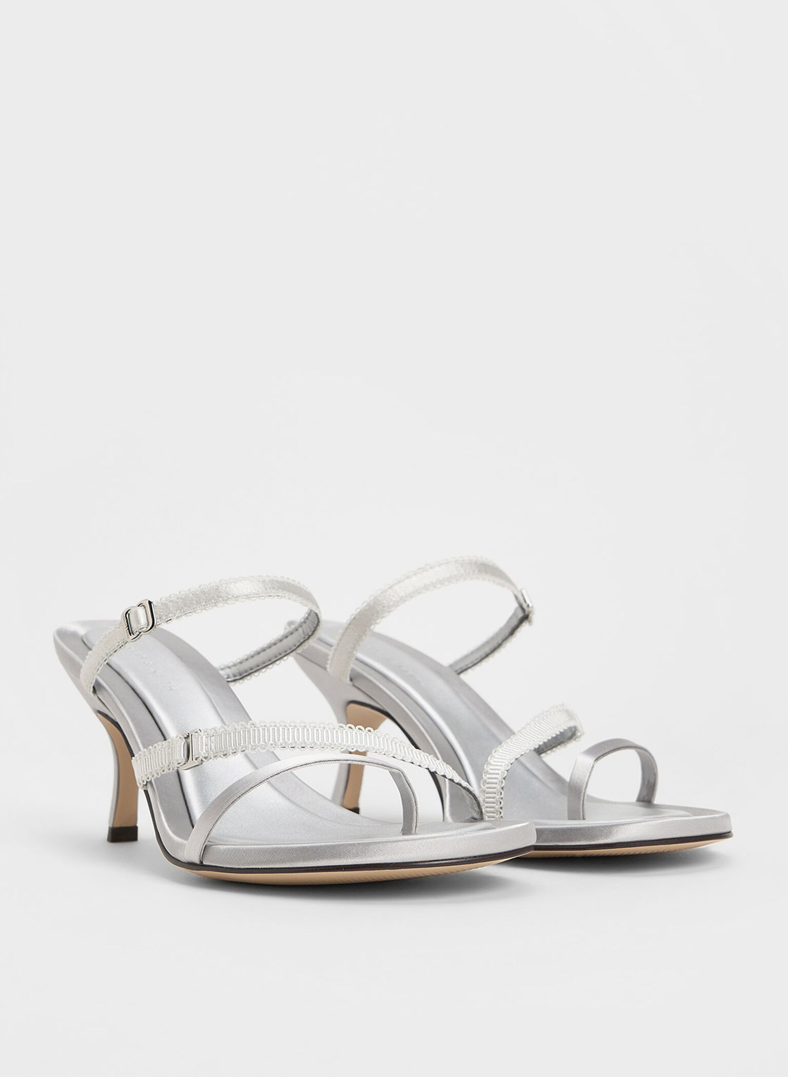 Satin Lace-Strap Thong Sandals, Silver, hi-res
