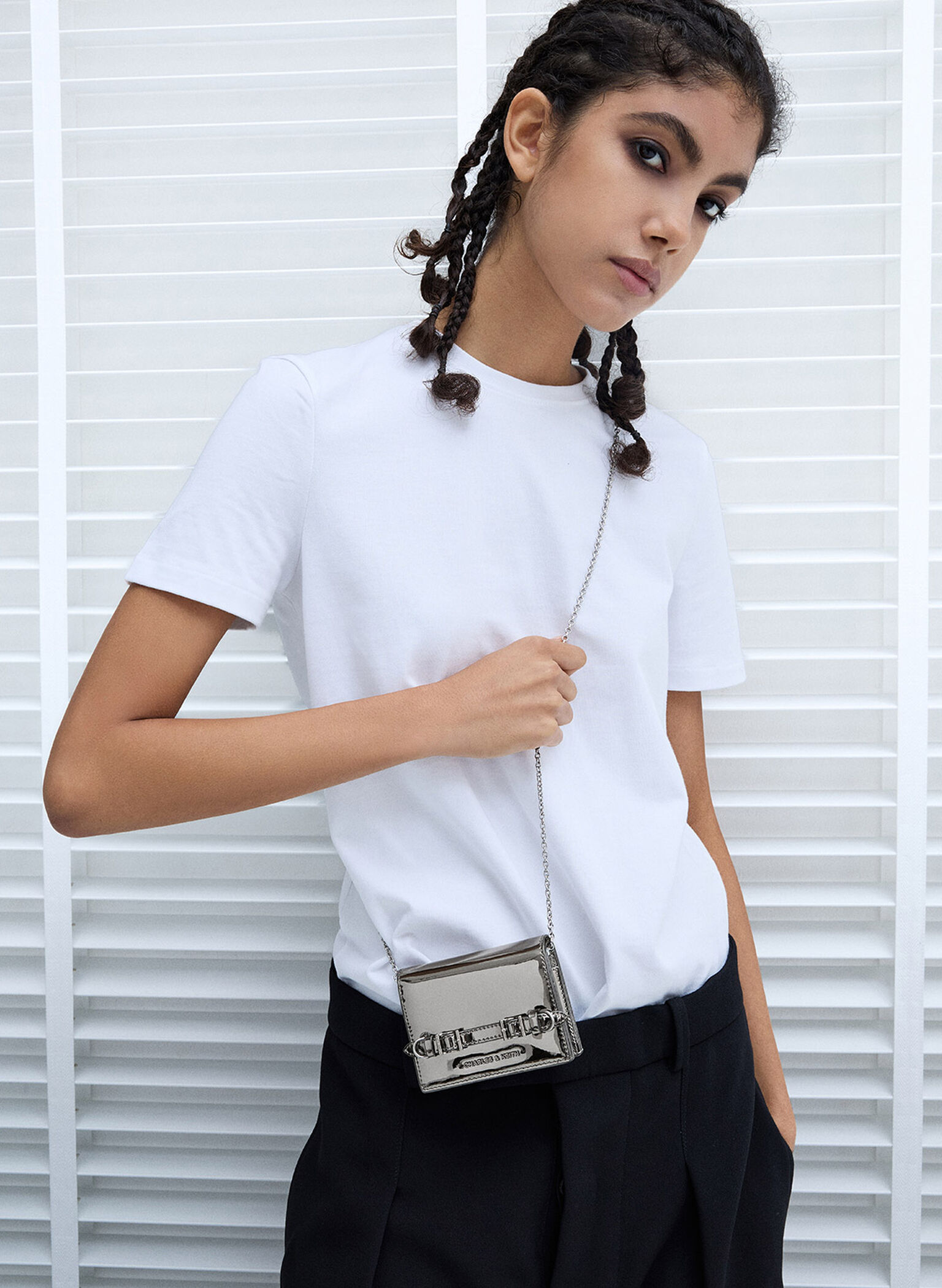 Sloane Metallic Chain-Handle Wallet, Pewter, hi-res