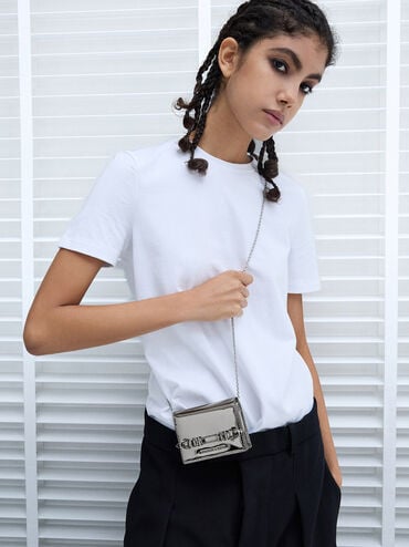 Sloane Metallic Chain-Handle Wallet, Pewter, hi-res