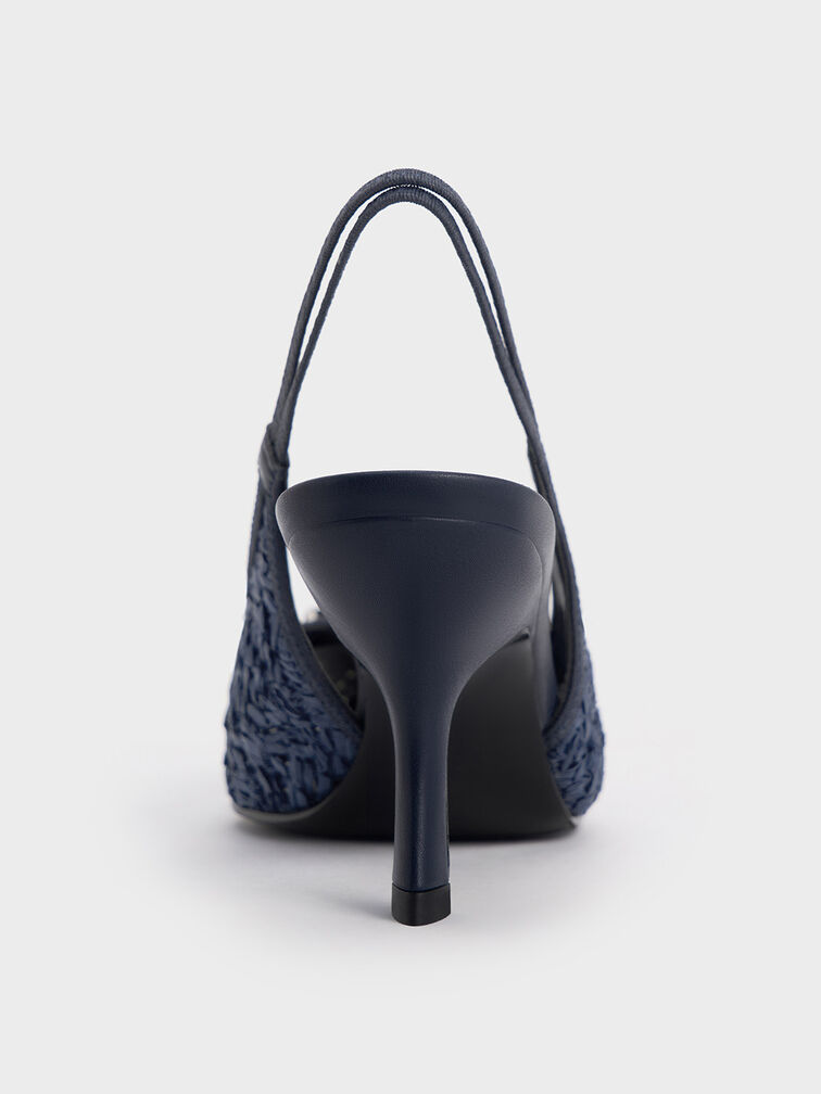 Anita Raffia Buckled Pointed-Toe Slingback Pumps, Dark Blue, hi-res