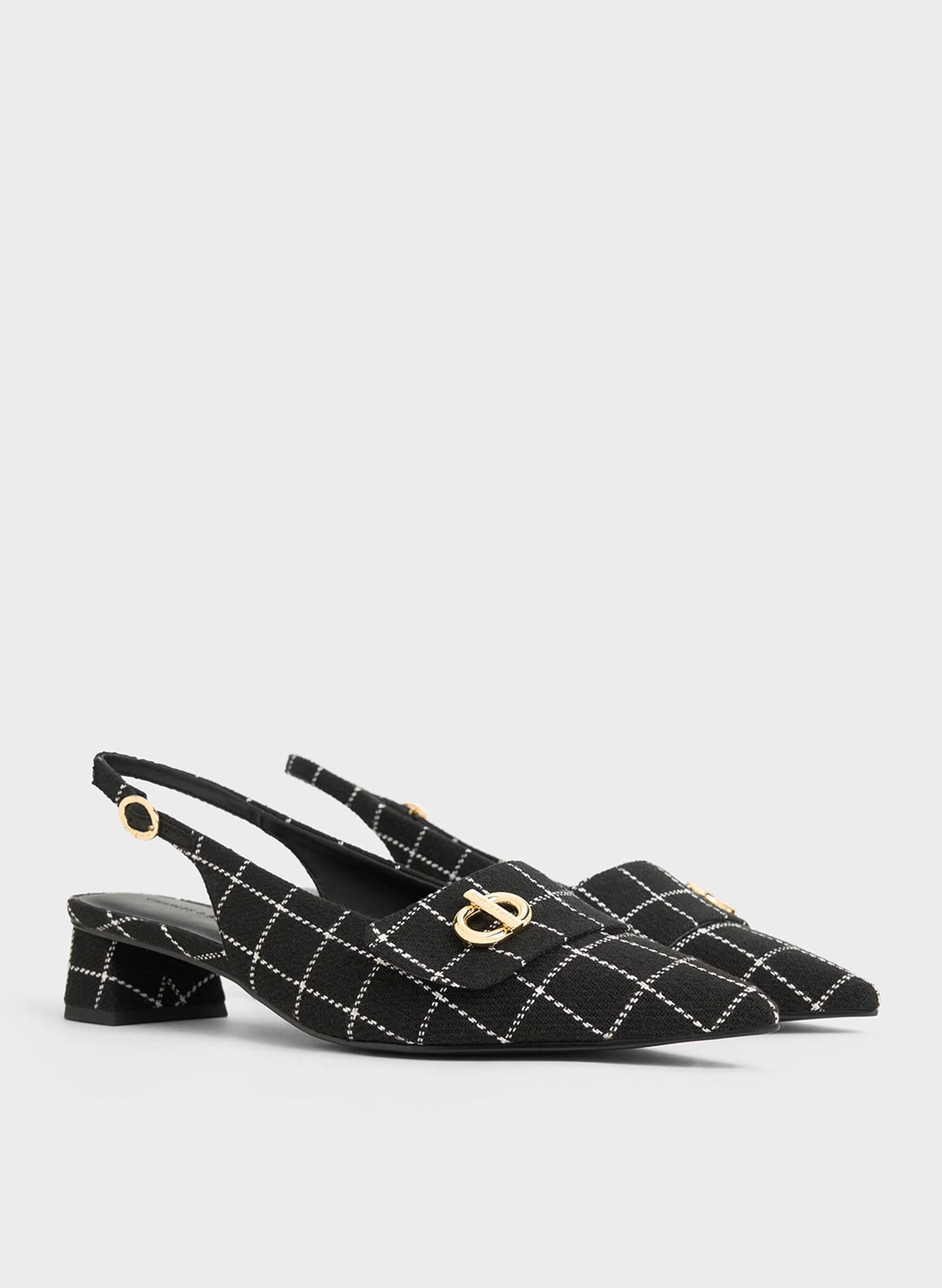 Tweed Metallic-Accent Pointed-Toe Slingback Pumps, Black Textured, hi-res