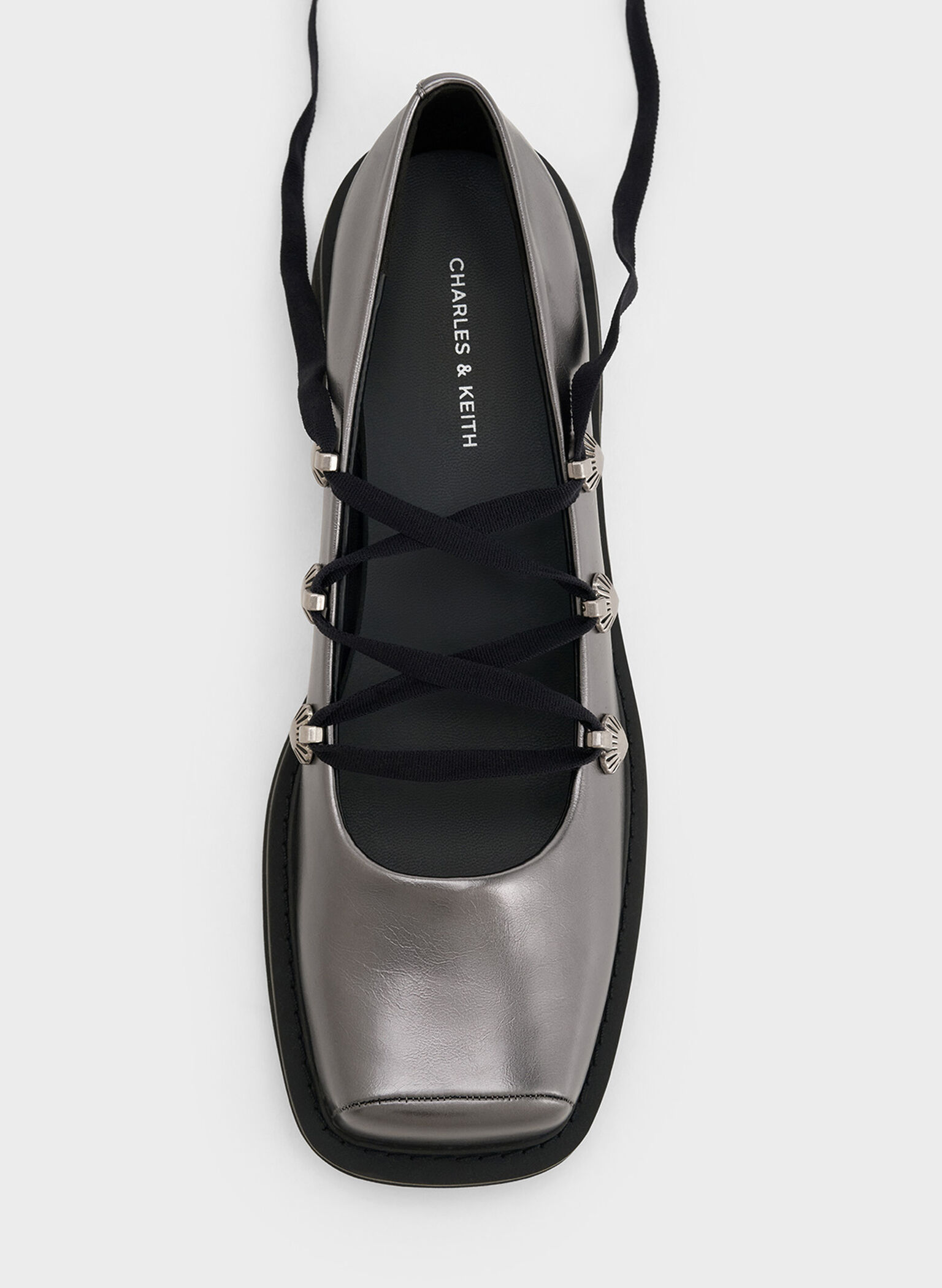 Metallic Heart-Embellished Lace-Up Ballet Flats, Pewter, hi-res