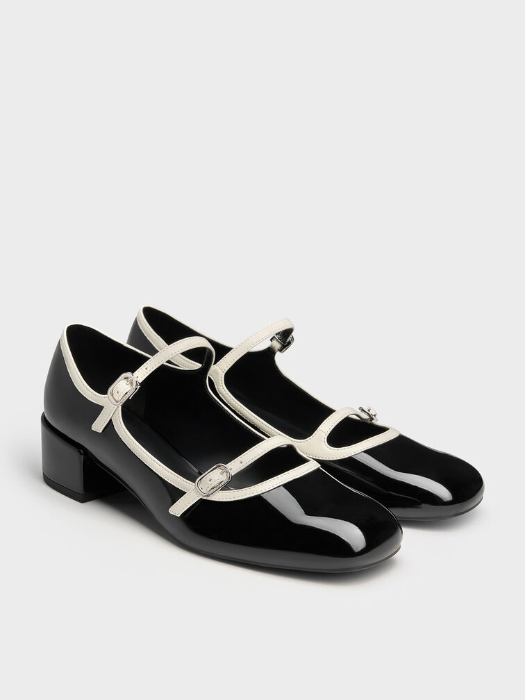 Patent Contrast-Trim Double-Strap Mary Jane Pumps, Black Patent, hi-res