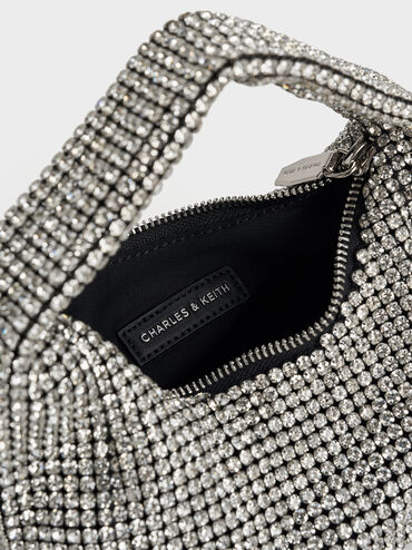 Crystal-Embellished Hobo Bag, Silver, hi-res