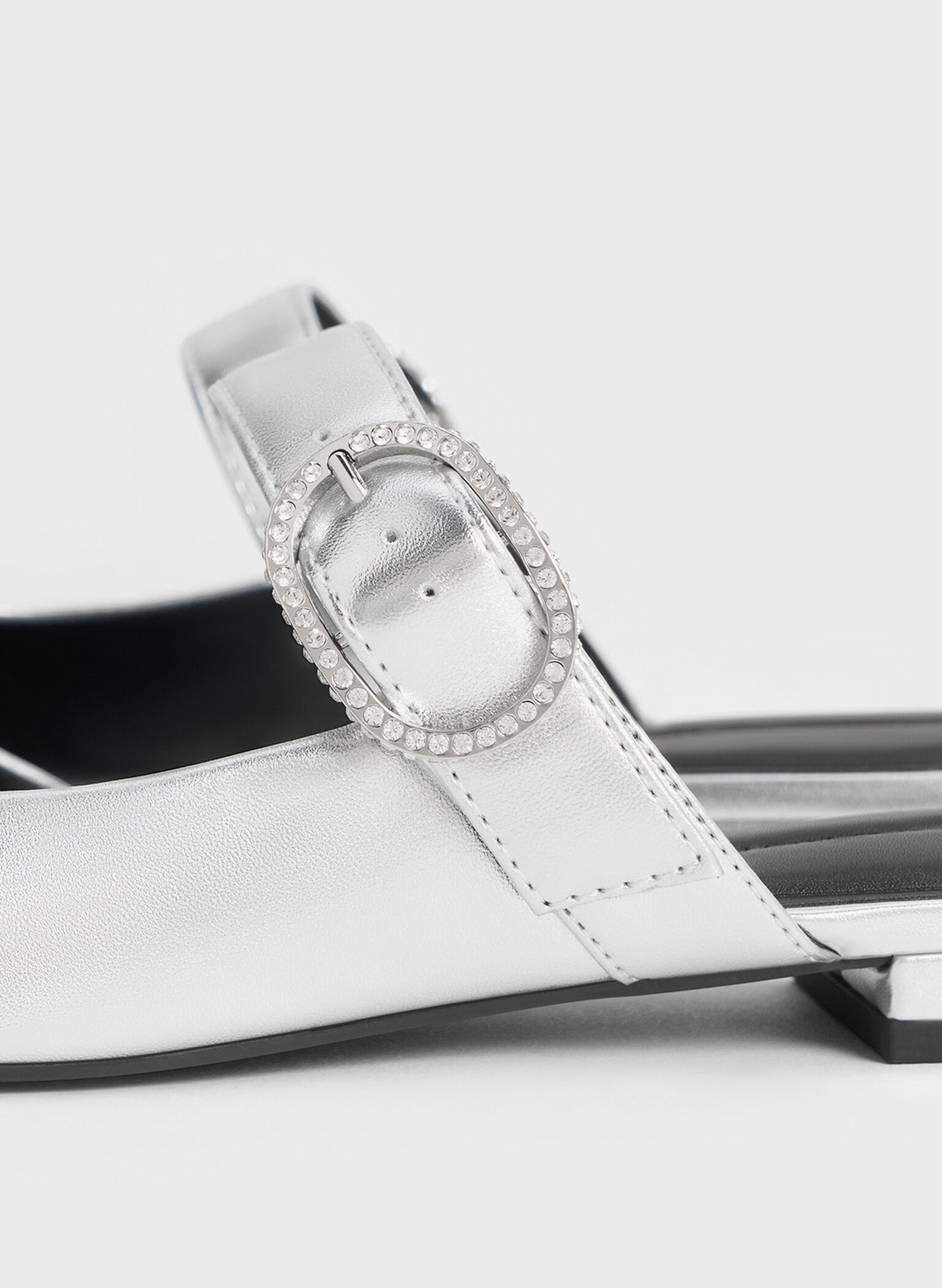 Metallic Crystal-Buckle Pointed-Toe Mules, Silver, hi-res