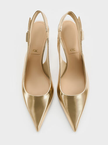 Cody Metallic Leather Pointed-Toe Kitten-Heel Slingback Pumps, Gold, hi-res