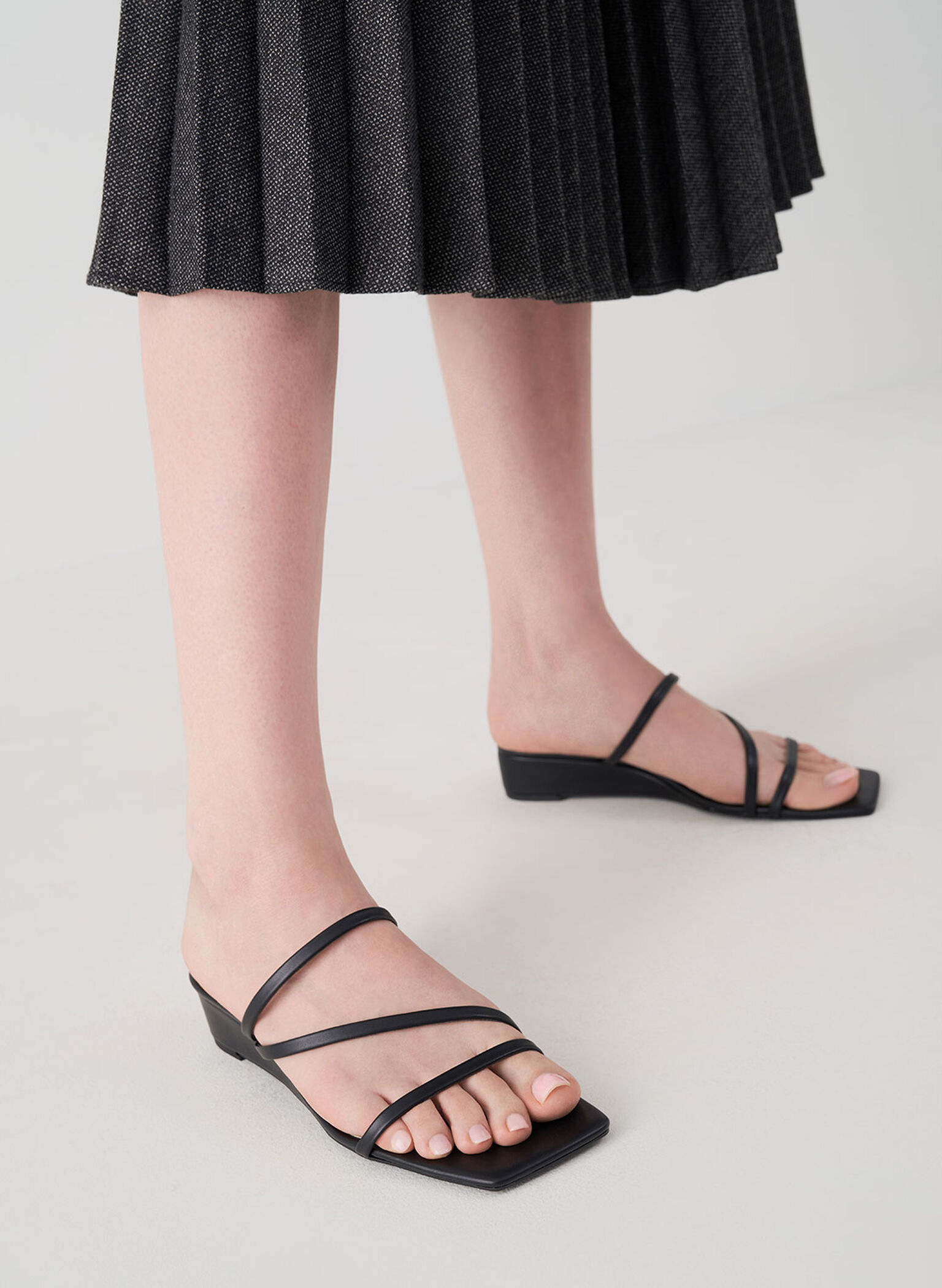 Strappy Wedge Mules, Black, hi-res