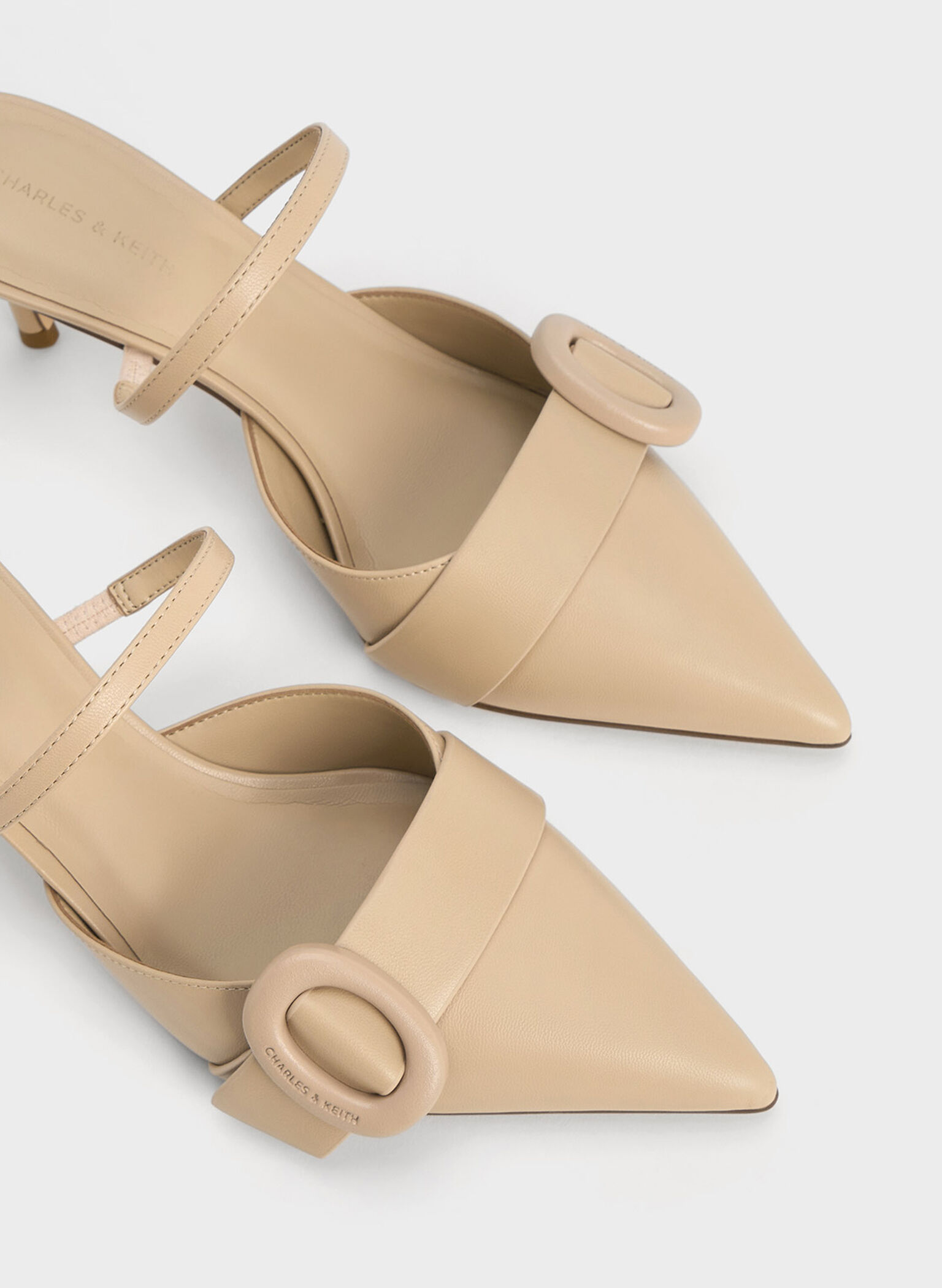 Oval-Buckle Pointed-Toe Mules, Beige, hi-res