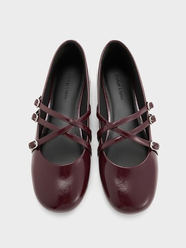 Patent Triple-Strap Crossover Mary Jane Flats, Burgundy, hi-res