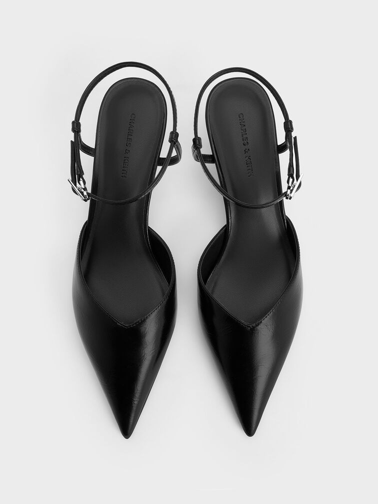 Crinkle-Effect Kitten-Heel Pointed-Toe Pumps, Black, hi-res