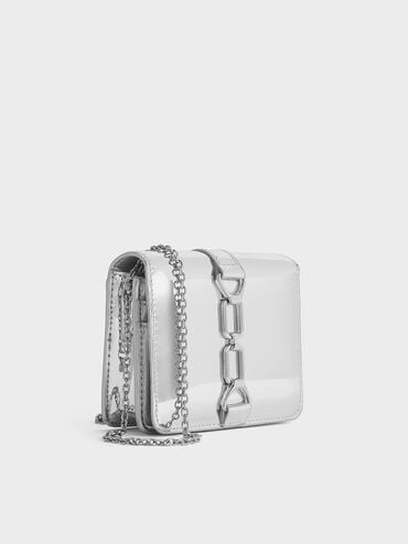 Agatha Metallic Chain-Accent Card Holder, Silver, hi-res