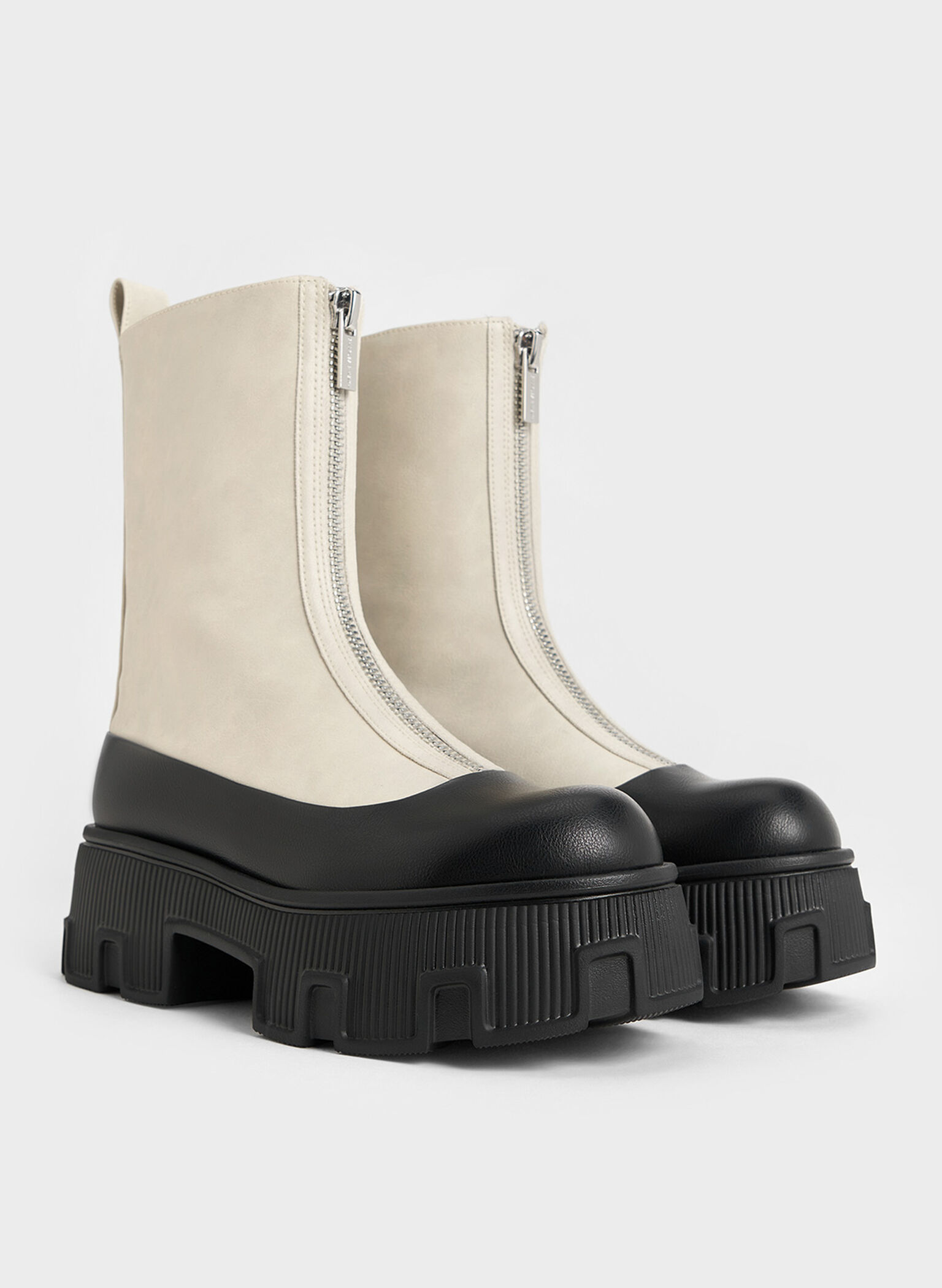 Two-Tone Zip-Up Platform Calf Boots, Chalk, hi-res