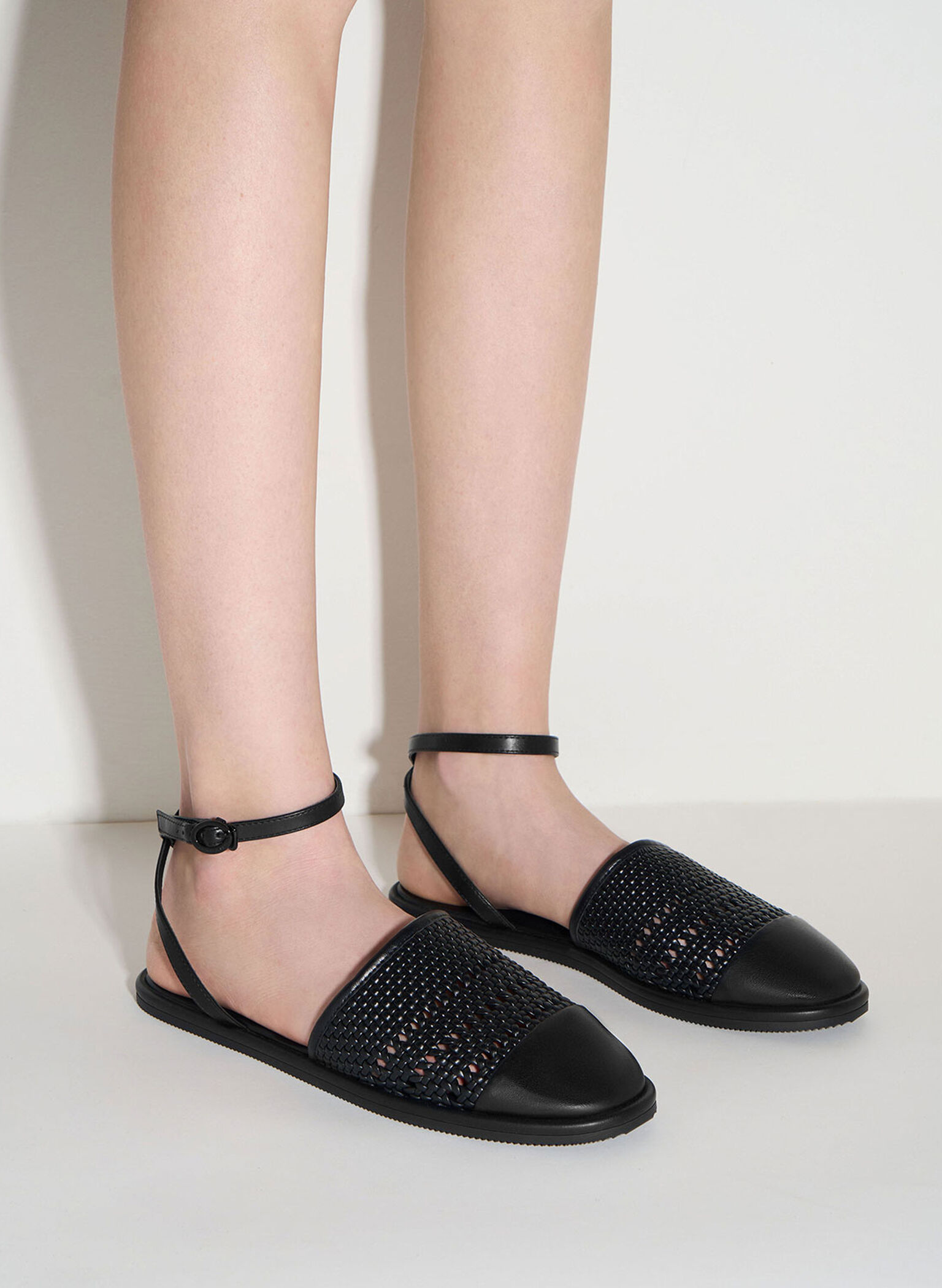 Woven Ankle-Strap Flats, Black, hi-res