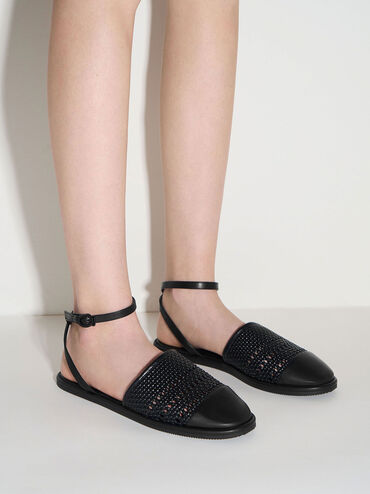 Woven Ankle-Strap Flats, Black, hi-res