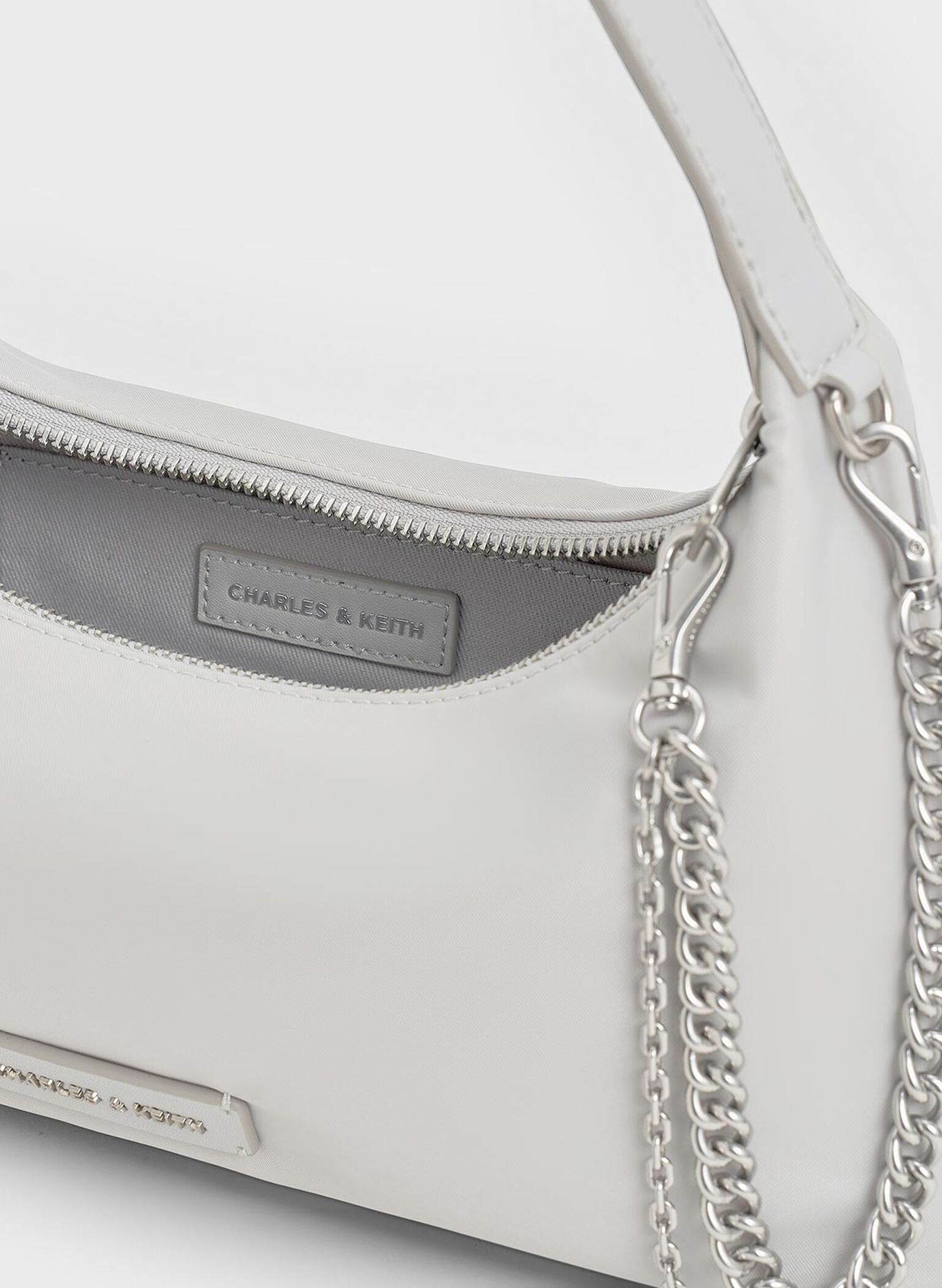 Nylon Chain-Link Trapeze Shoulder Bag, Light Grey, hi-res