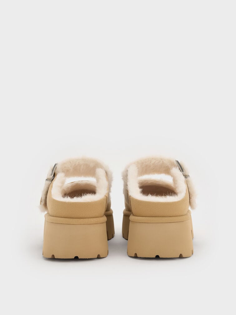 Bergen Textured Fur-Trim Buckled Platform Mules, Sand, hi-res