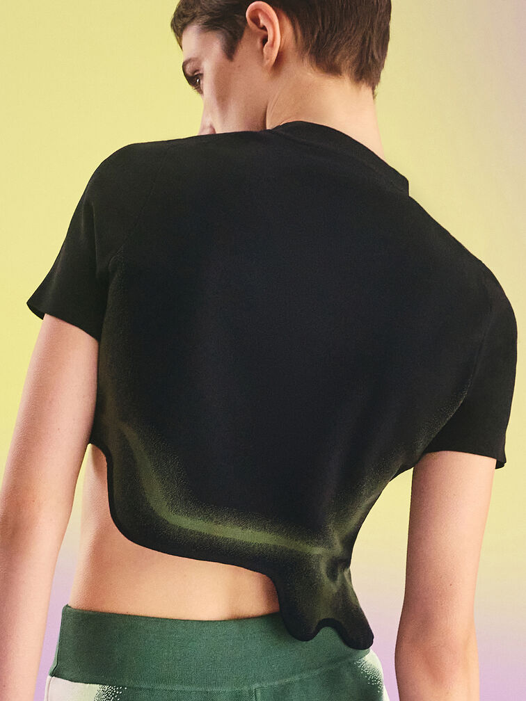 Recycled Polyester Knitted Gradient Wave-Hem Crop Top, Green, hi-res