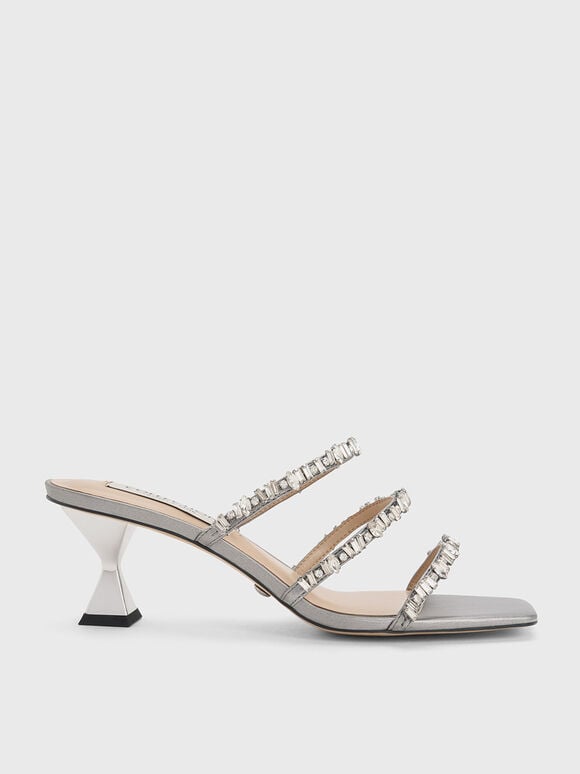 Wedding Collection: Gem-Encrusted Metallic Strappy Sandals, Silver, hi-res