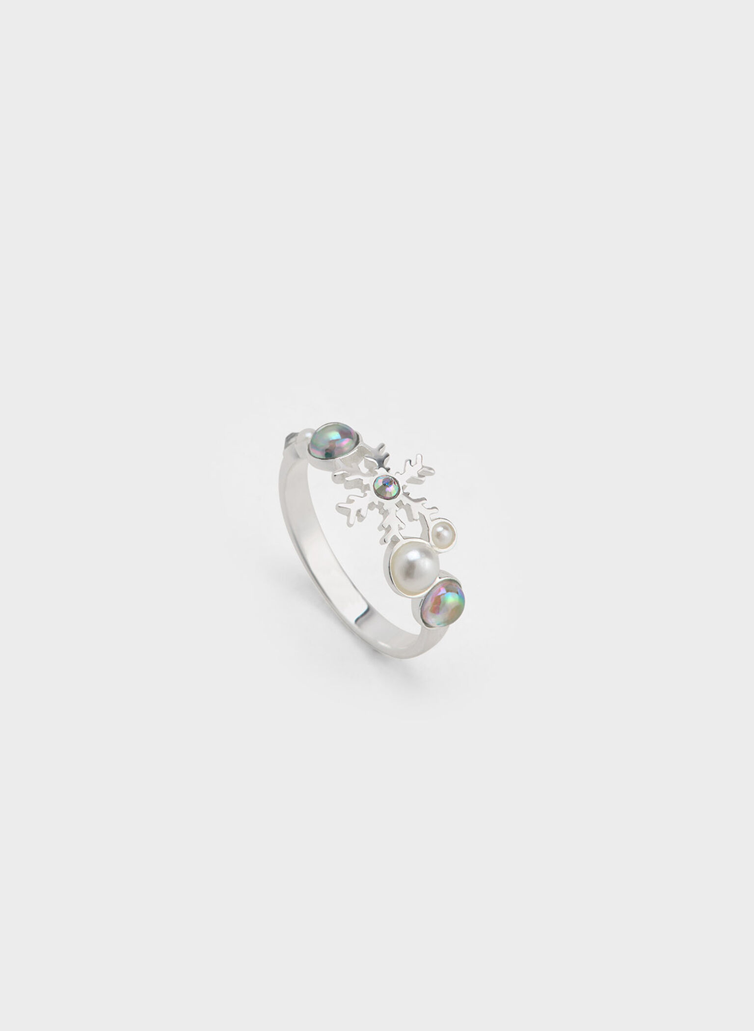Snowflakes-Motif Pearl & Crystal Ring, Silver, hi-res