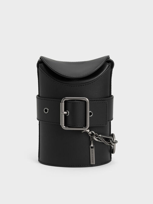 Jules Leather Belted Bucket Bag, Black, hi-res