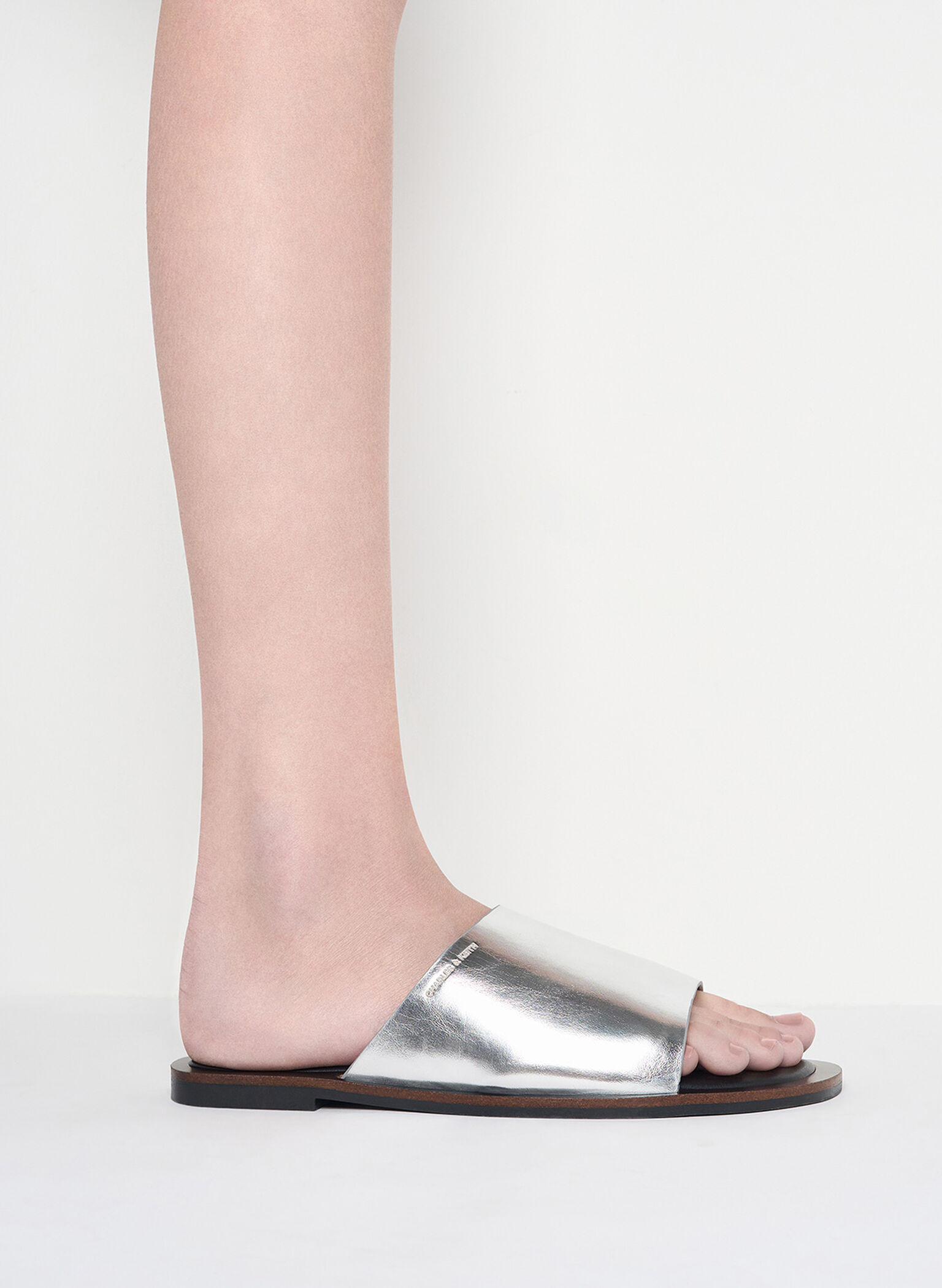 Metallic Wide-Strap Slide Sandals, Silver, hi-res