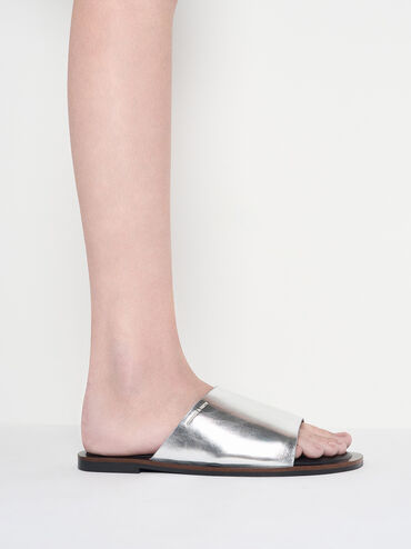 Metallic Wide-Strap Slide Sandals, Silver, hi-res
